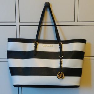 Michael kors black and white striped large tote